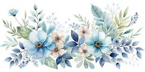 Serene watercolor floral arrangement featuring delicate blue and beige blossoms, lush greenery, and elegant leaves.