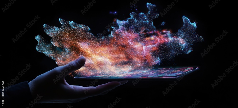 Aufkleber Hand holds a tablet emitting colorful particle cloud.