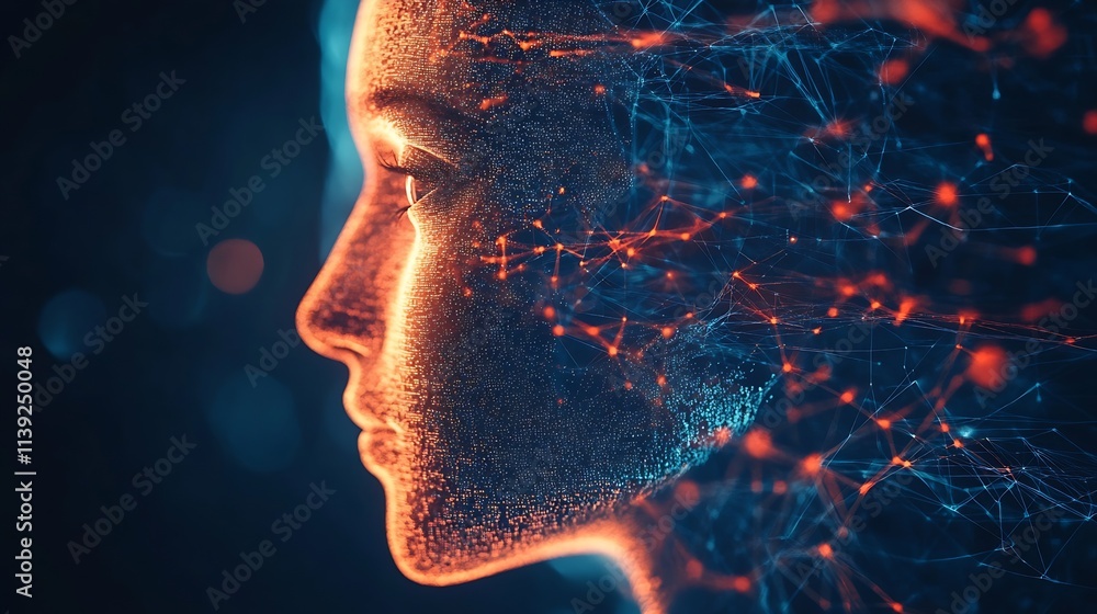 Poster futuristic digital profile of woman with neural network connections : generative ai