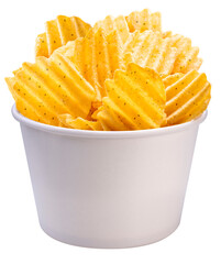 Potato chips in paper bucket isolated on white background, Potato chips on white PNG File.