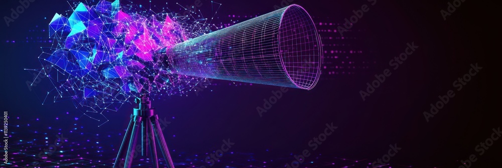 Poster digital megaphone emits polygon fragments on tripod.