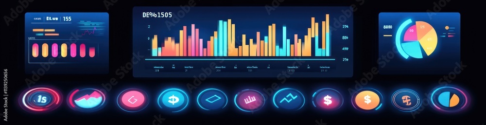 Fototapete Glowing charts and data buttons on a dark background.