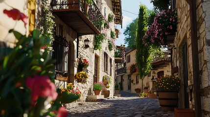 Fototapeta premium A narrow street with a lot of flowers and plants