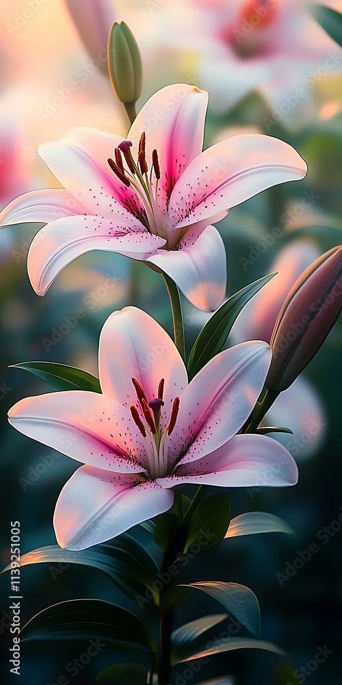 Poster sunlit pink lilies in full bloom captured in artistic setting : generative ai