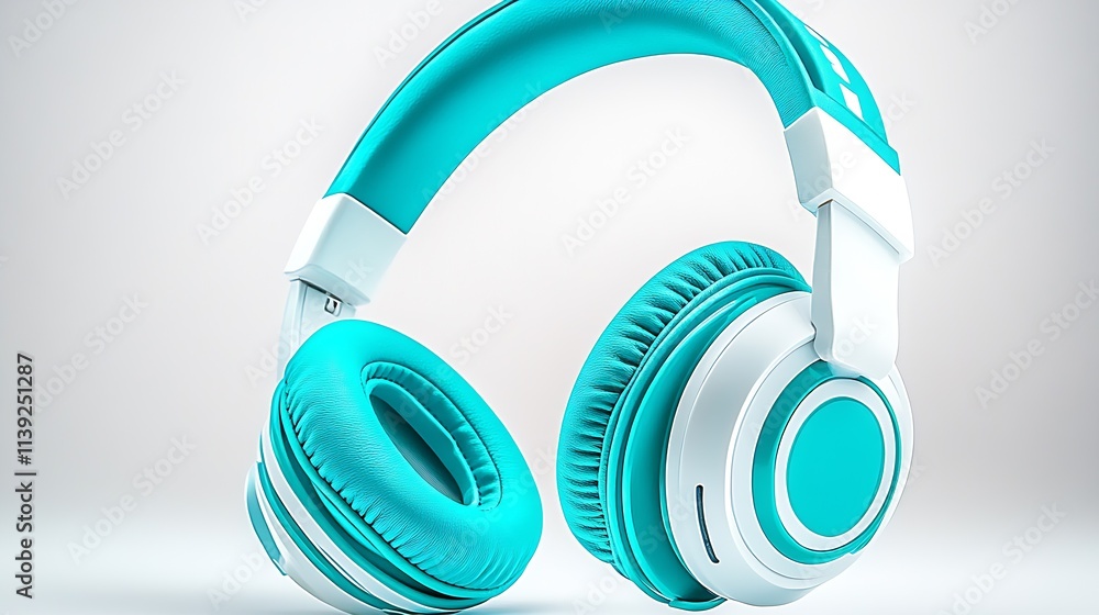 Poster sleek turquoise and white over ear headphones with soft padding on studio background : generative ai