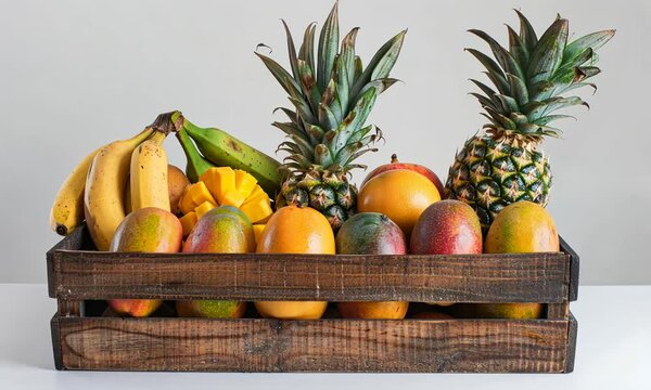 Tropical Fruits in Wooden Crate: A Vibrant Display of Fresh Mangoes, Pineapples, and Bananas