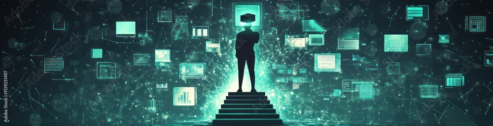 Poster man stands on stairs, digital network background, screens data.