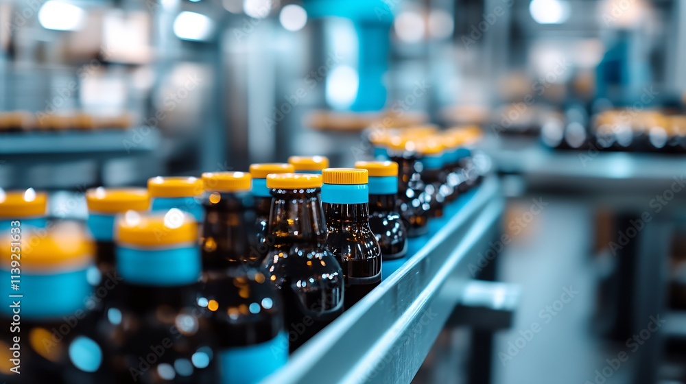 Poster Automated Brewery Production Line with Rows of Brown Bottles and Conveyor Belt : Generative AI