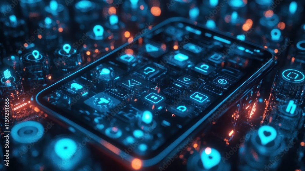 Poster Glowing smartphone display with illuminated icons on dark background.