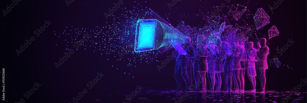 Aufkleber digital people interacting with a device, with particles and geometric shapes.