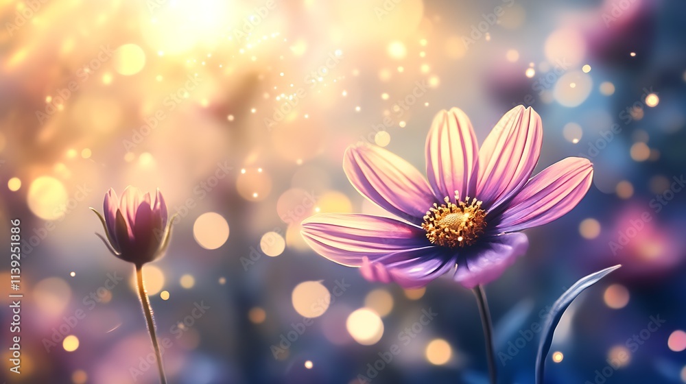 Poster ethereal purple flowers in glow of soft warm light with magical bokeh background : generative ai