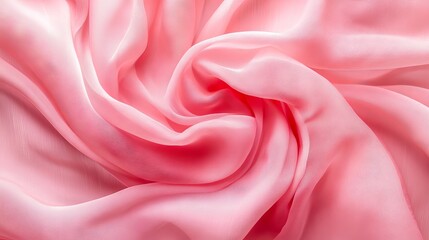 Fototapeta premium Delicate pink organza chiffon fabric background with soft swirling creases for elegant wedding dresses, feminine apparel design, and fine couture sewing concepts