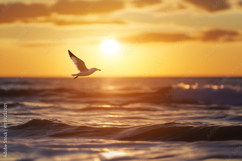 Poster seagull in flight over gentle ocean waves under glorious sunset : generative ai