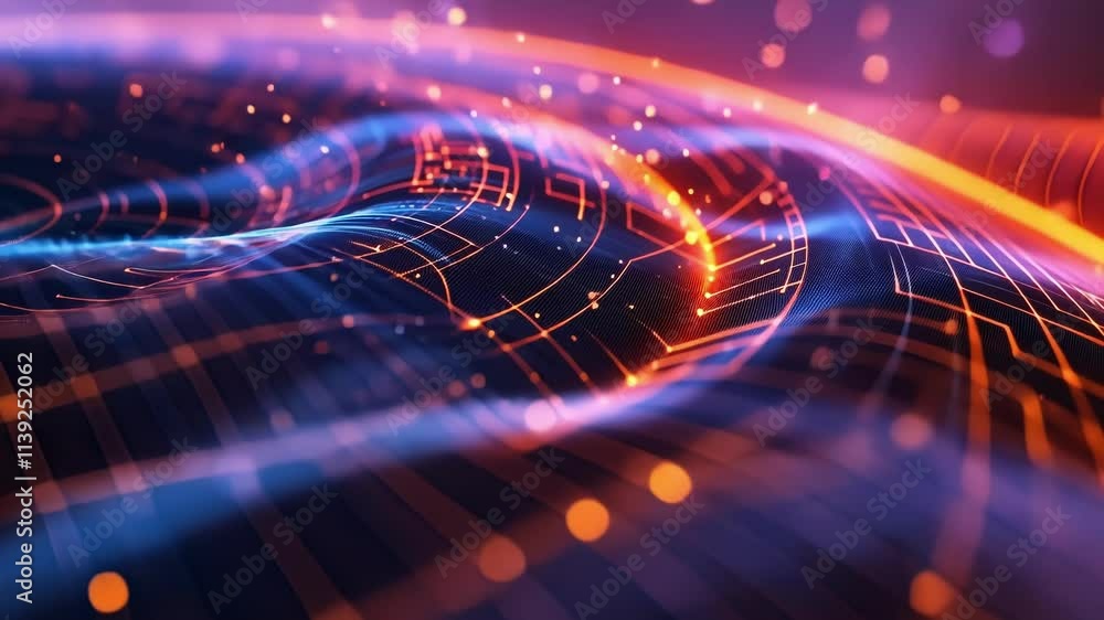 Poster complex network of interconnected nodes and circuits flowing like a digital wave, symbolizing advanc