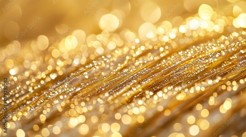 Poster golden bokeh with dewdrops on thread-like fibers, macro.