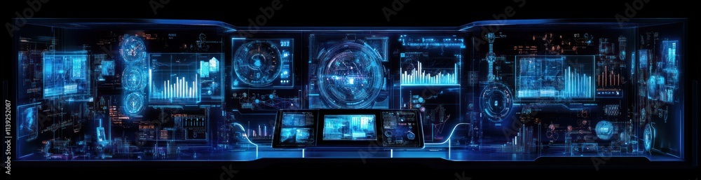 Poster Sci-fi control panel with multiple screens and data.