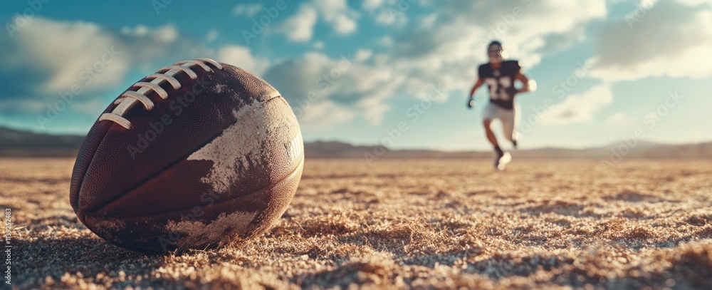 Poster football ball on a desert with player running in background.