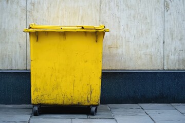 Yellow Wheeled Waste Bin Against A Wall