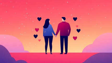 Obraz premium Romantic Couple Holding Hands Against a Colorful Sunset Background with Floating Hearts and Dreamy Clouds, Perfect for Love and Relationship Themes