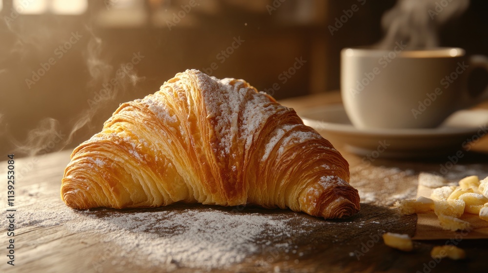 Poster steaming croissant with coffee on wooden table with sugar dust.