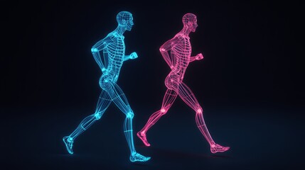 Obraz premium Dynamic Visualization of Two Human Figures in Motion Representing the Essence of Running and Athleticism with Neon Blueprint Aesthetic and Futuristic Appeal