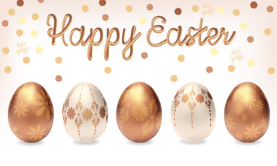 Golden Easter eggs isolated on white background. Easter golden decoration element. Egg hunt game. Set of golden eggs. 3D illustration vector golden white eggs. Vector illustration. Golden eggs