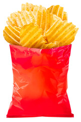 Crispy Potato chips fly out of red bag isolated on white background, Potato chips on white PNG File.