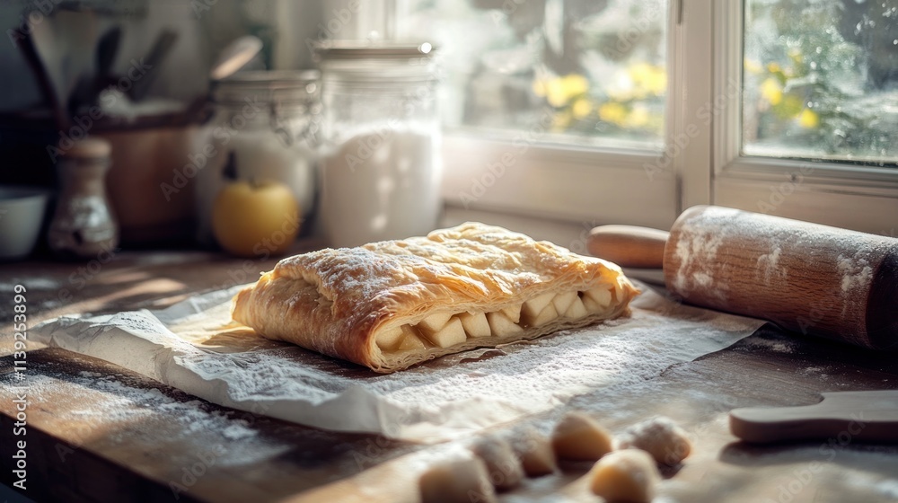 Poster apple strudel on a counter with flour and rolling pin near a window.