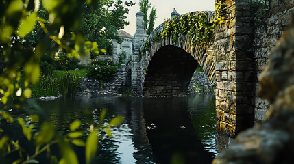 A bridge over a river with a green bridge