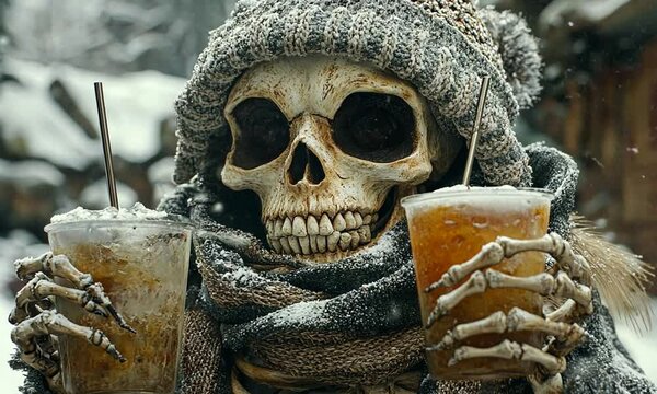 A skeleton in winter attire joyfully holds two frosty drinks, surrounded by a snowy backdrop.
