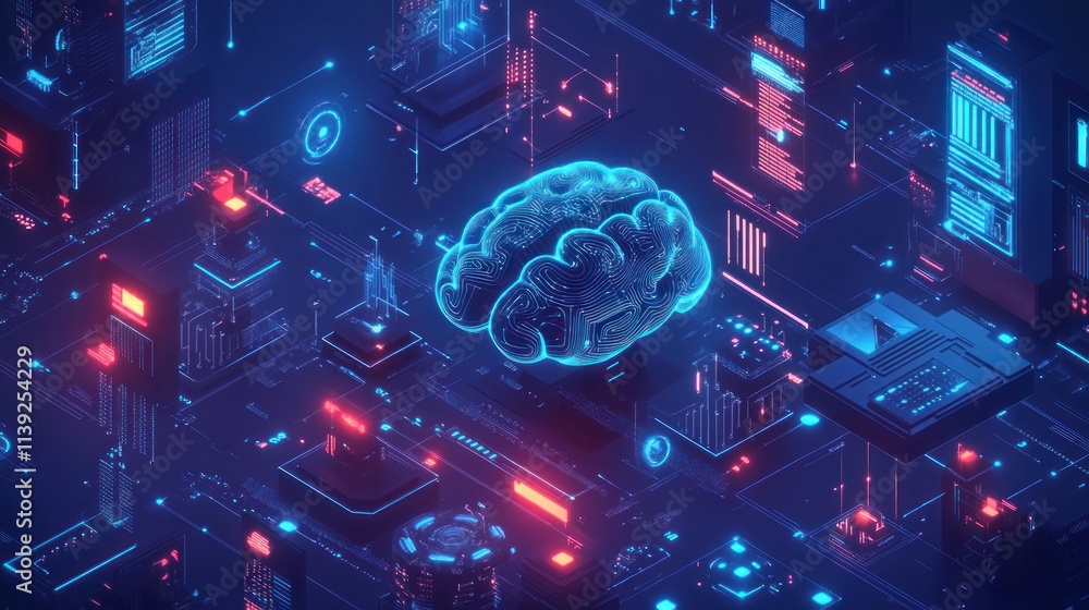 Poster digital brain on glowing blue circuit board background.