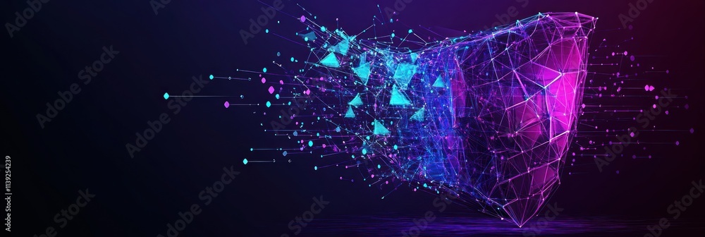 Poster 3D shattered polygon with glowing dots and lines.