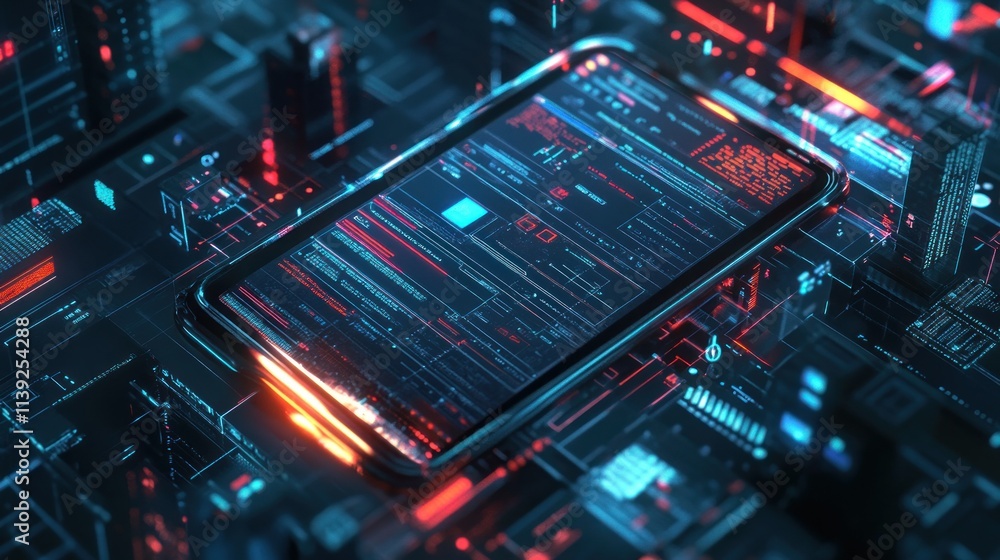 Poster Smartphone displaying digital code on a futuristic surface.