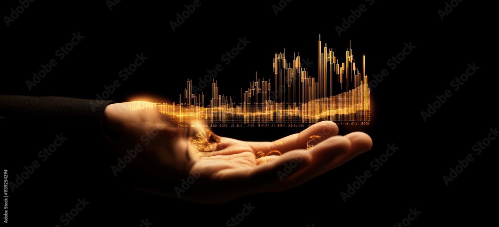 Leinwandbilder glowing graph above hand, data visualization on a dark background.
