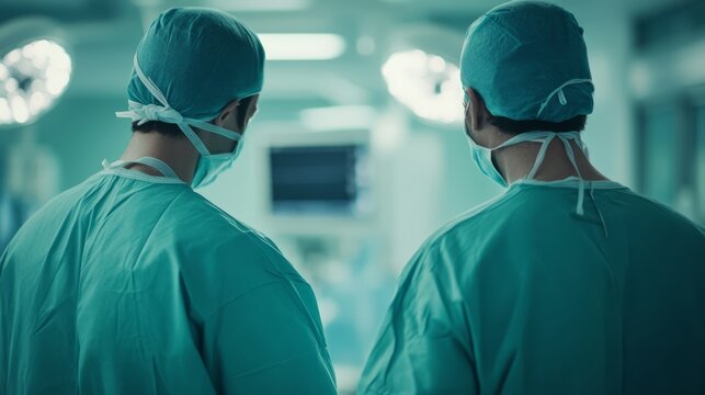Two Surgeons in Scrubs Preparing for Surgery in an Operative Room, Focusing on Medical Equipment and Sterile Environment in Hospital Setting