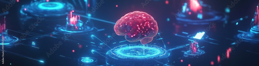 Poster glowing brain on digital network with circuit boards.