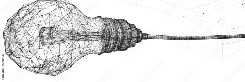 Fototapete Lightbulb with wireframe and connecting dots against a white background.