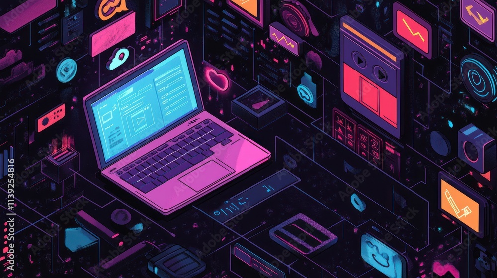 Aufkleber Laptop displays digital interface, data with icons in isometric view.