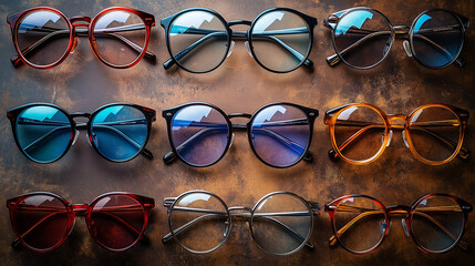 Flat lay photo of multiple glasses on textured backgrounds like wood, marble, or fabric Eyewear ad, stylish glasses, flat lay