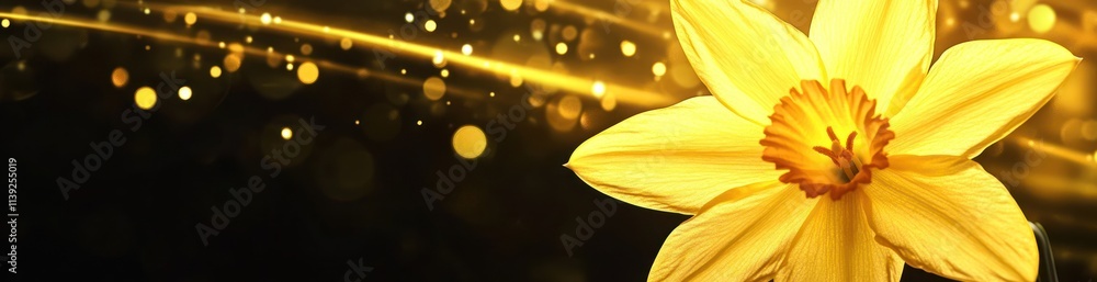 Poster yellow daffodil against bokeh lights and lines on a dark background.