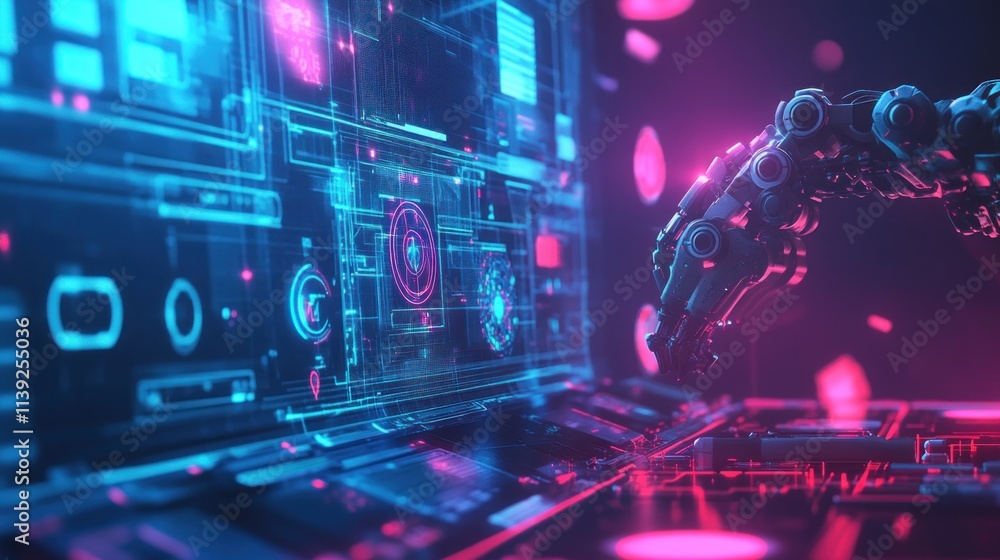 Poster robot arm interacts with a digital screen, neon lighting.