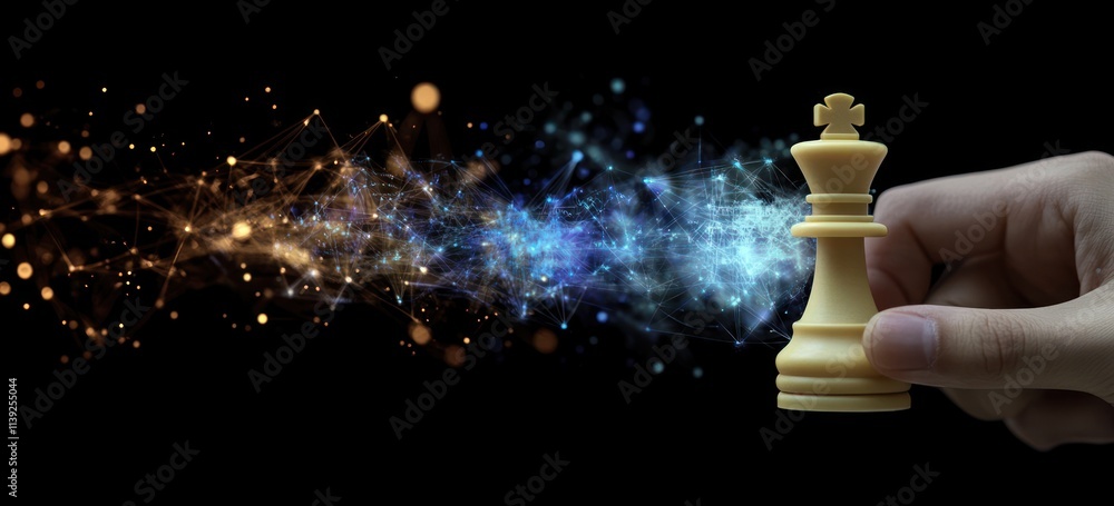 Poster hand holding king chess piece with particles and nodes on black.