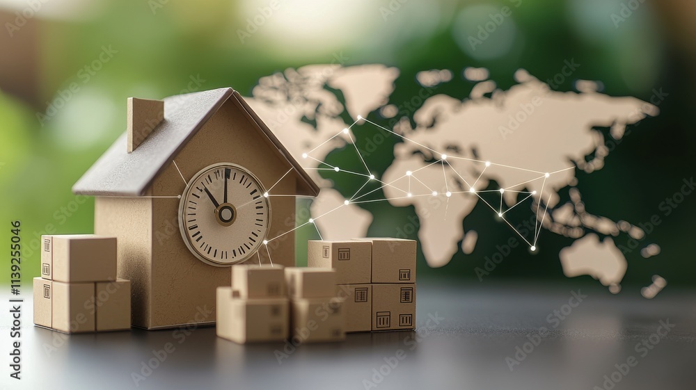 Poster drop shipping store clock concept. home delivery concept with clock and cardboard boxes on a blurred