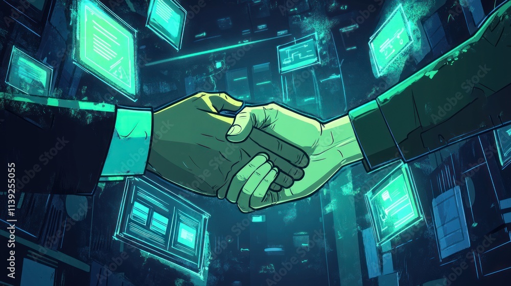 Aufkleber Digital handshake between two people with floating screens around.