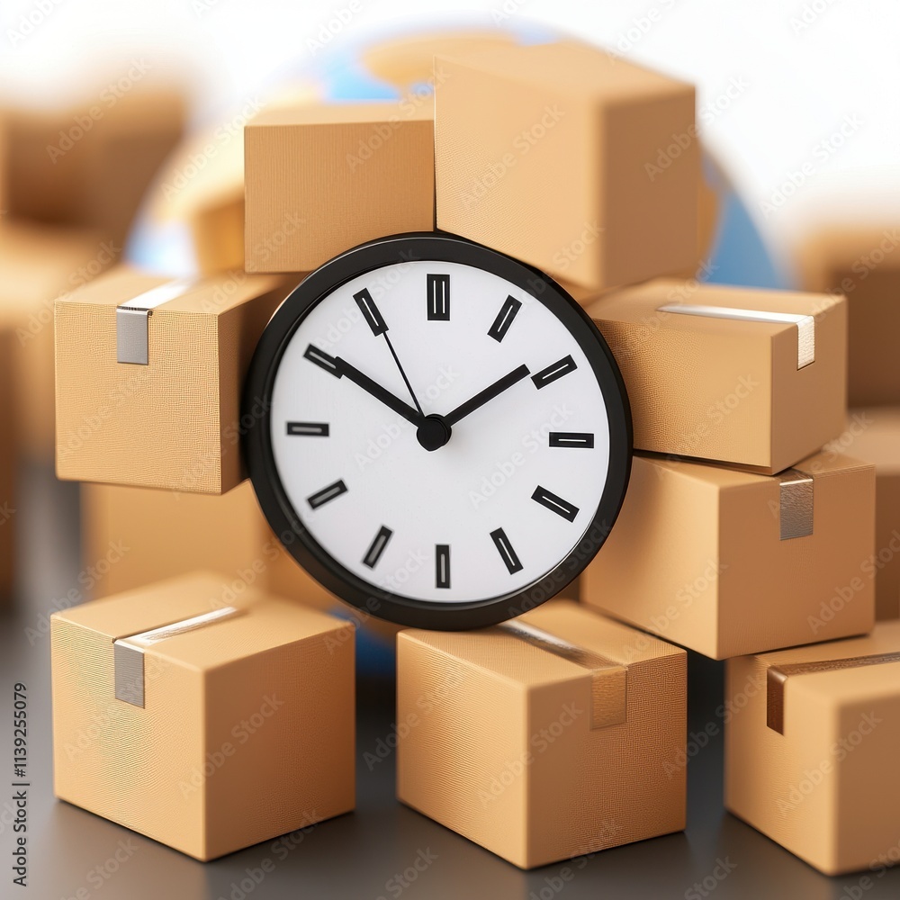 Poster drop shipping store clock concept. clock surrounded by cardboard boxes representing time management.