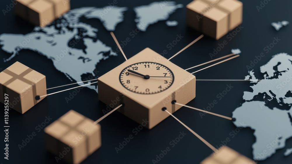 Poster drop shipping store clock concept. clock and boxes symbolize global logistics and time management.