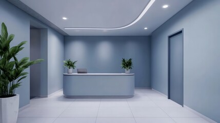 Modern Reception Area with Sleek Design, Minimalist Aesthetic, Soft Blue Walls, Elegant Plant Decor, and Efficient Lighting to Welcome Guests Comfortably