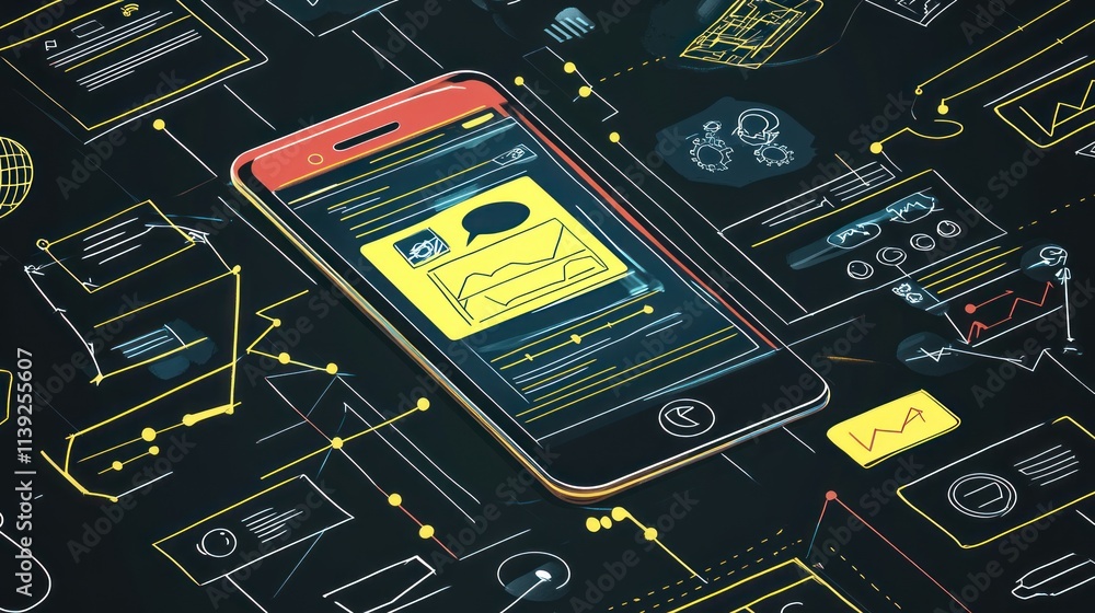 Leinwandbilder Isometric phone with UI sketches and data visualizations.