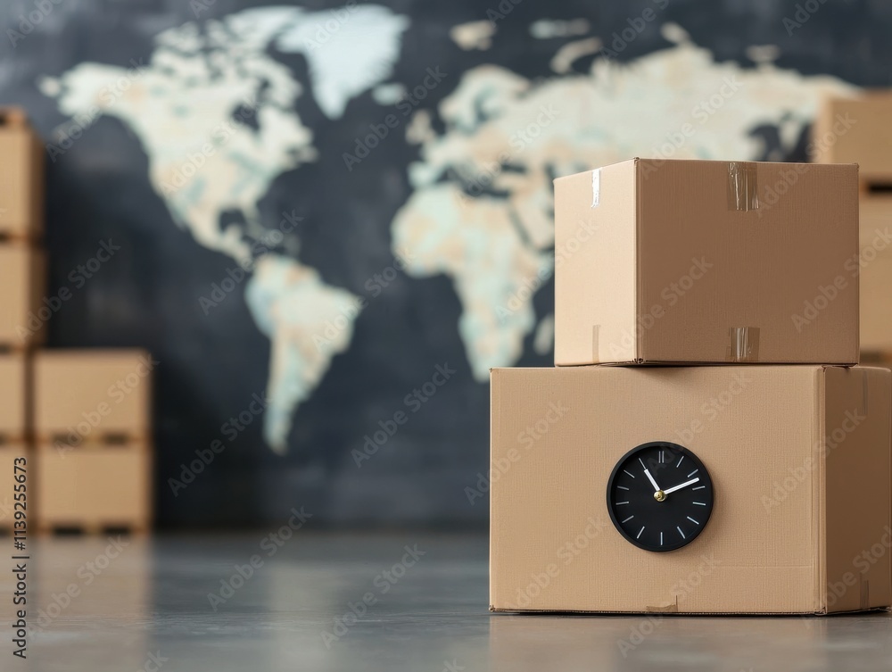 Aufkleber drop shipping store clock concept. cardboard boxes with a clock against a world map backdrop.