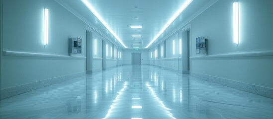 Fototapeta premium Long, bright hallway with polished floor and recessed lighting.